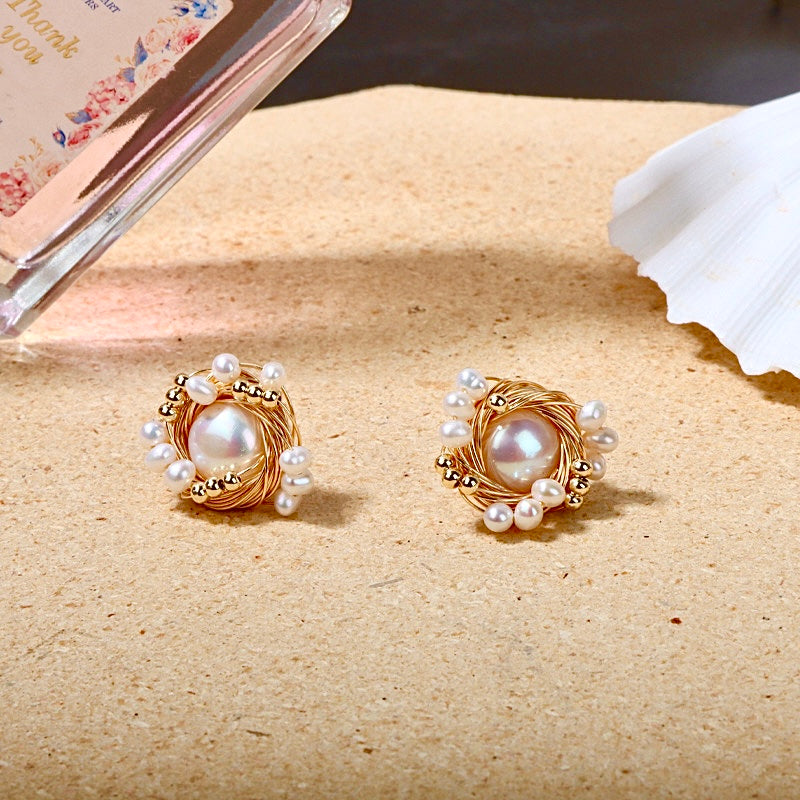 Boucles d'oreilles nid d'oiseau en véritable perle baroque d'eau douce