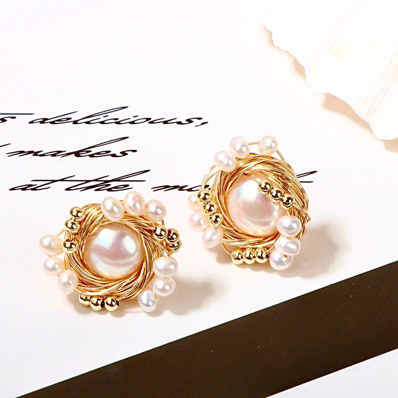 Boucles d'oreilles nid d'oiseau en véritable perle baroque d'eau douce