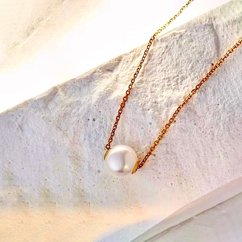 Collar de perlas blancas de agua dulce genuinas de oro macizo de 18 quilates con forma de caramelo flotante de 11-12 mm