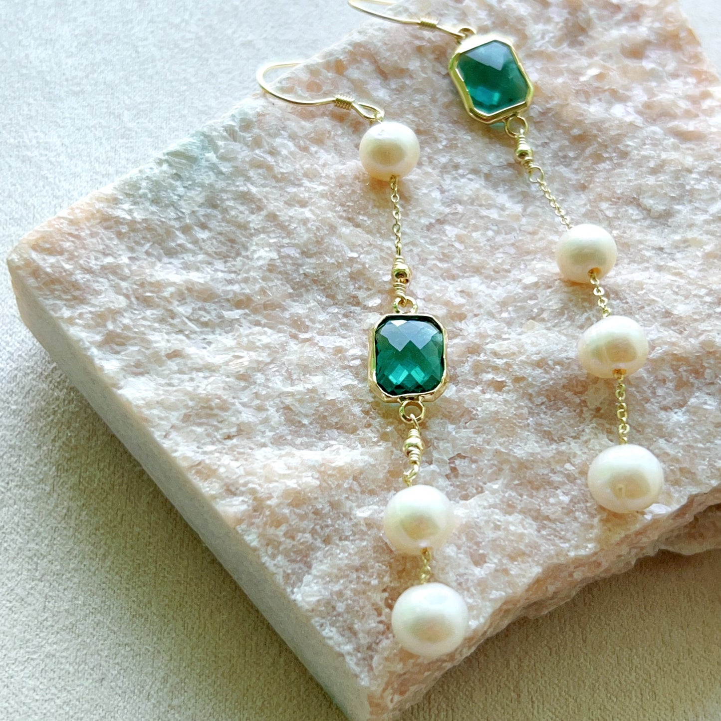 Genuine freshwater pearl and emerald Earrings - side view