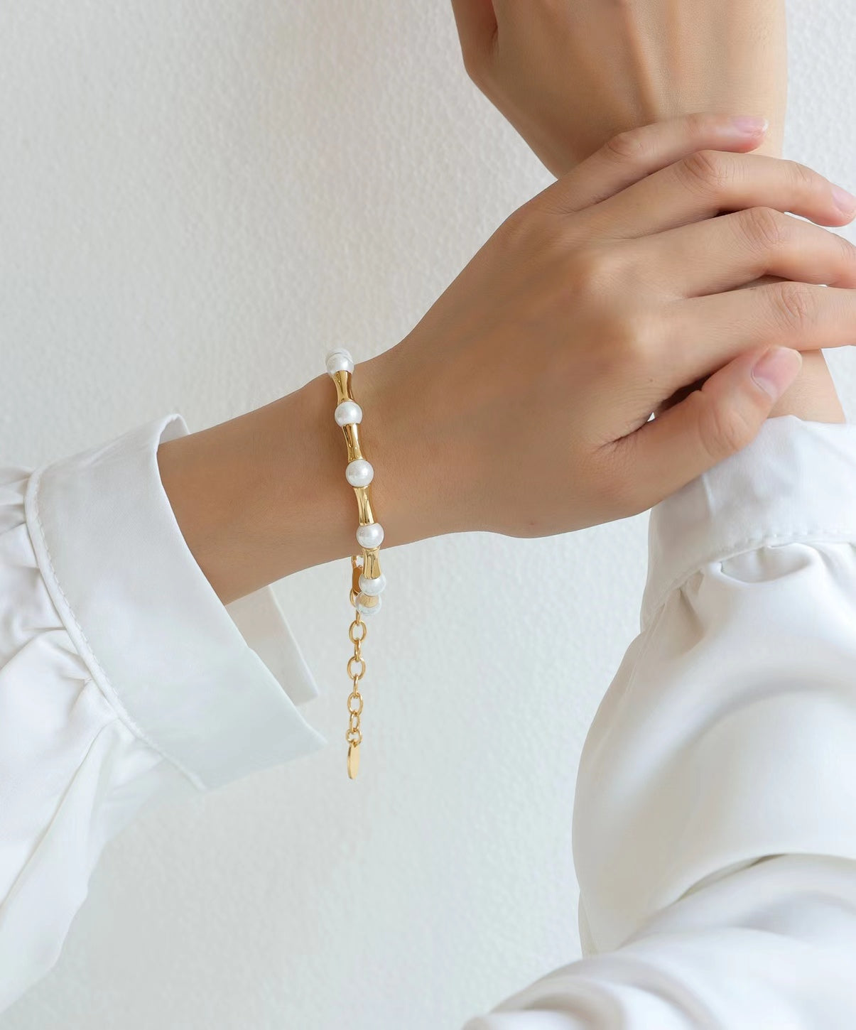 Pulsera de eslabones de bambú con perlas de agua dulce auténticas