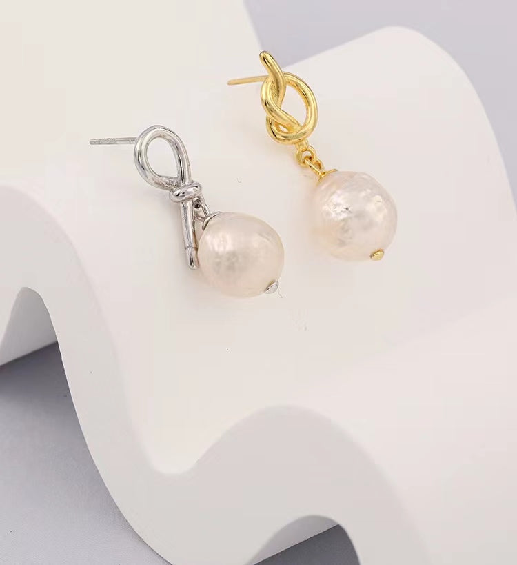 Genuine Baroque Pearl Solid S925 Silver God's Knot Earrings