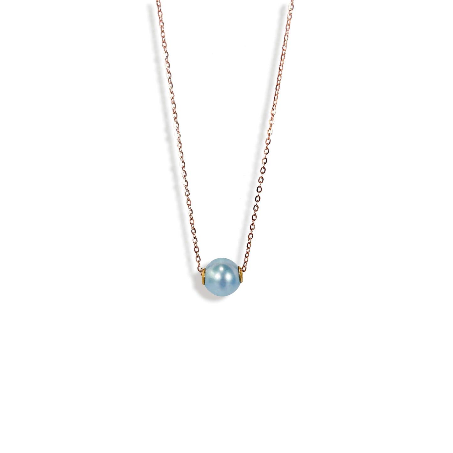 Solid 18K Gold Genuine Freshwater Pearl Floating Candy Blue Rose Necklace