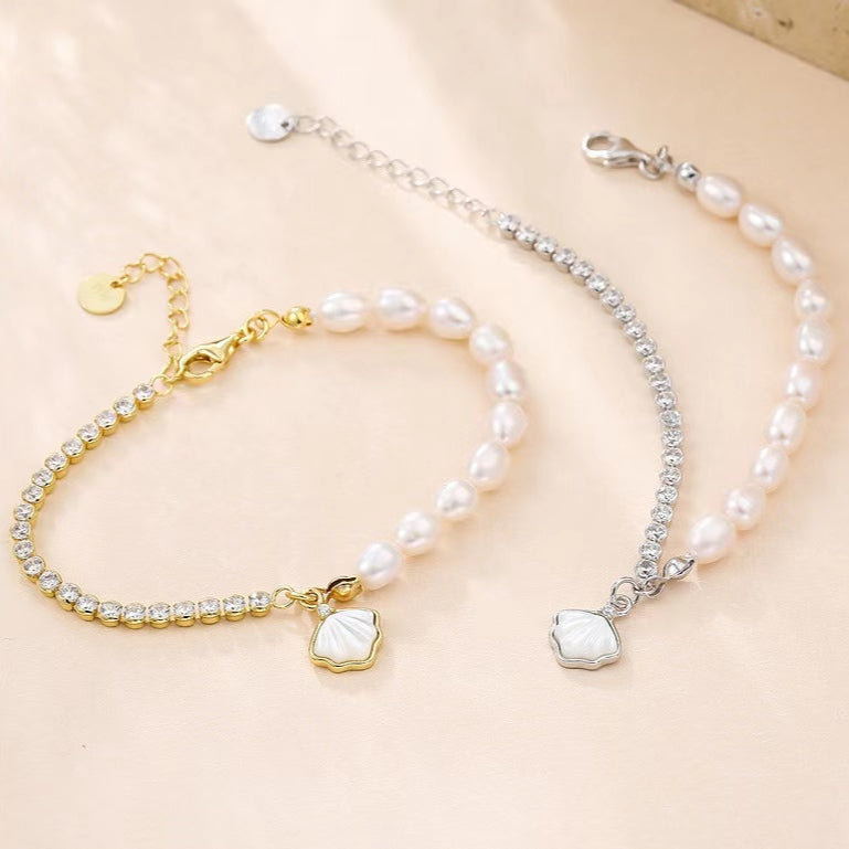 Bracelet coquillage en argent massif S925 avec véritable perle d'eau douce