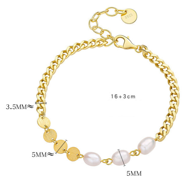 Pulsera de tres deseos de plata maciza S925 con perlas de agua dulce genuinas