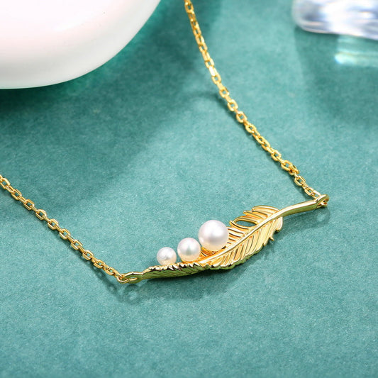 S925 Sliver Genuine Natural Freshwater Pearl Golden Feather Necklace