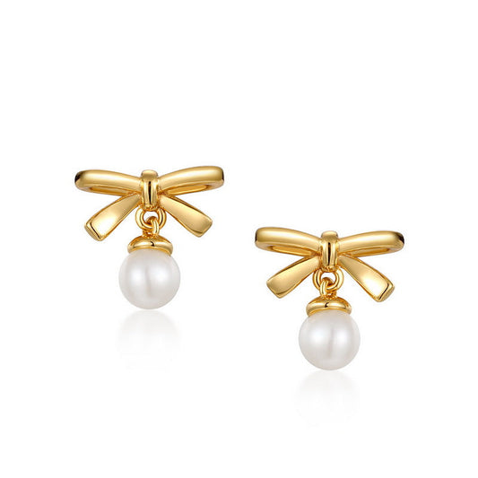 S925 Silver Genuine Natural Freshwater Pearl Lovely Bow Earrings