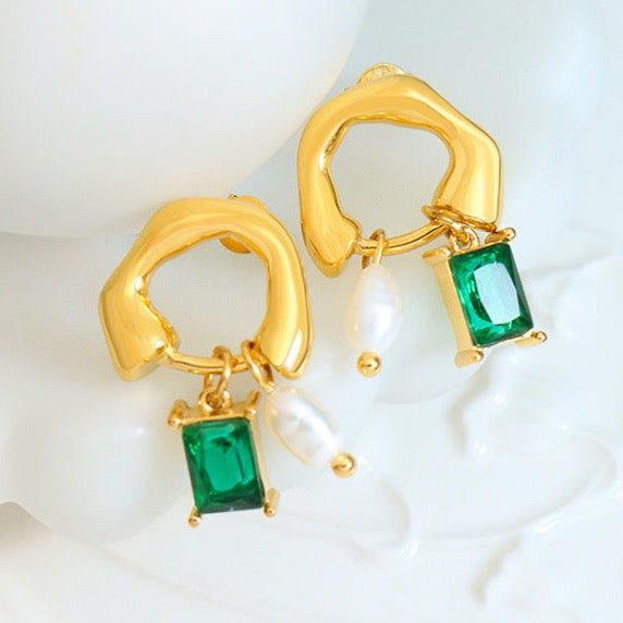 Genuine Freshwater Pearl Titanium Steel Green Dewdrop Earrings