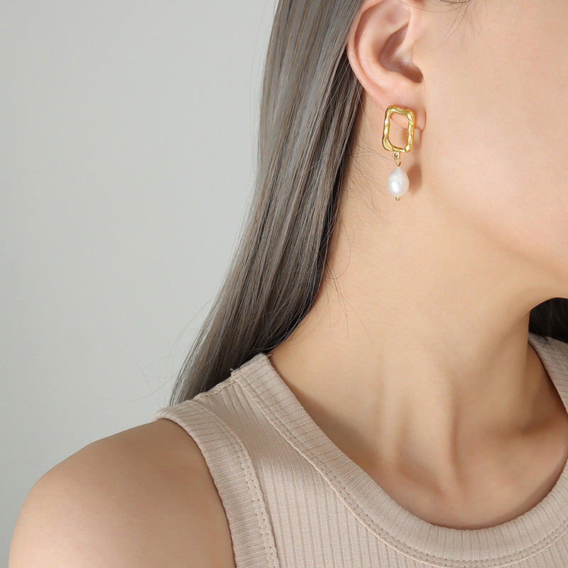 Genuine Freshwater Pearl Titanium Steel Holy Gate Earrings