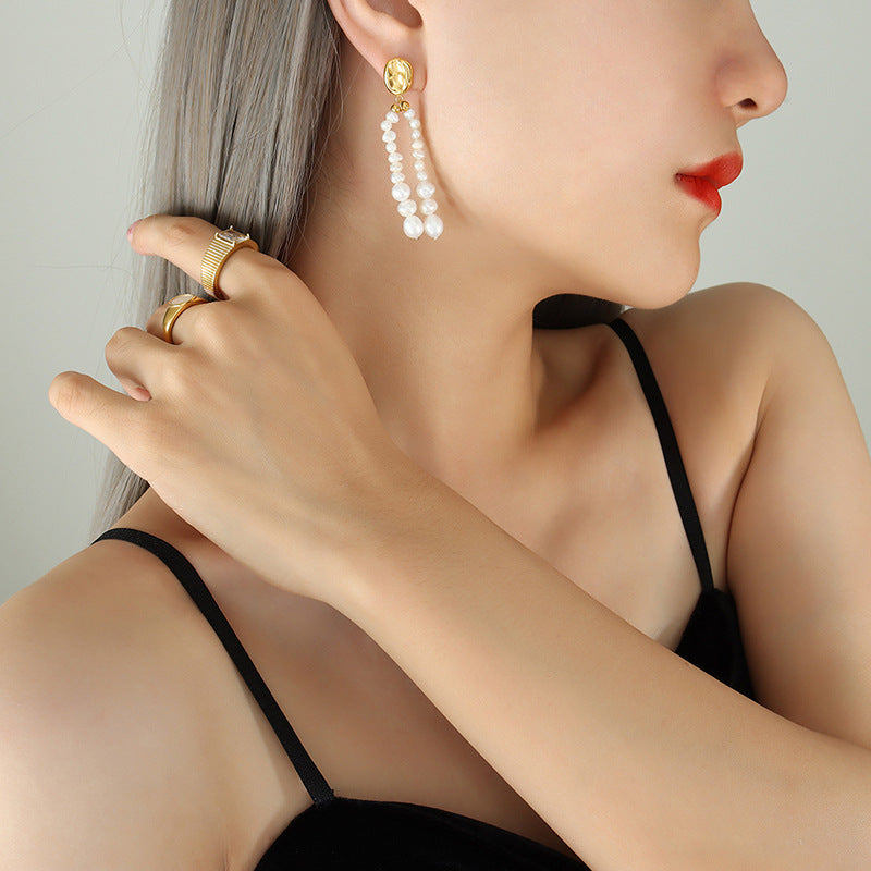 Genuine Freshwater Pearl Titanium Steel Morning Dew Earrings