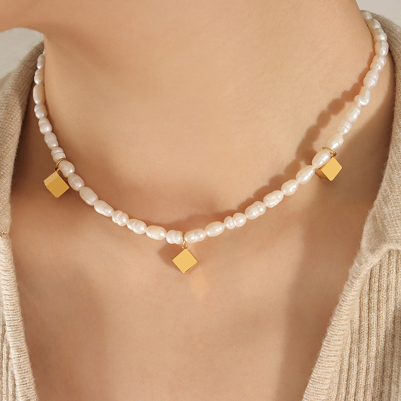 Genuine Freshwater Pearl Titanium Steel Magic Cube Necklace
