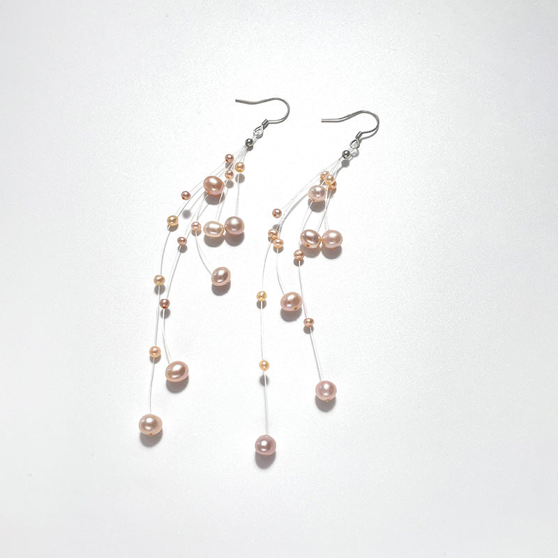 Genuine Freshwater Pearl Solid 925 Silver Stardust Tassel Earrings