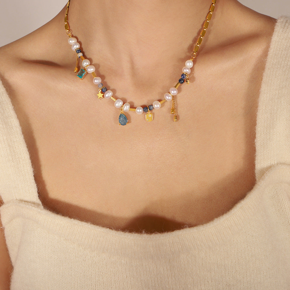 Genuine Freshwater Pearl Titanium Steel Blue Dream Necklace