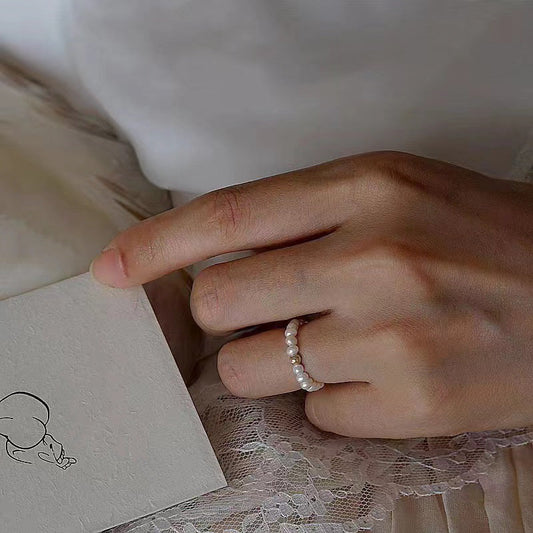 Anillo de arroz con perla de agua dulce genuina de oro macizo de 18 quilates