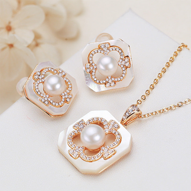 Brass Plated with 18K Gold Genuine Freshwater Pearl Miracle Set - Side Angle View - Elegant Pearl Jewelry by Kikyo Pearl London