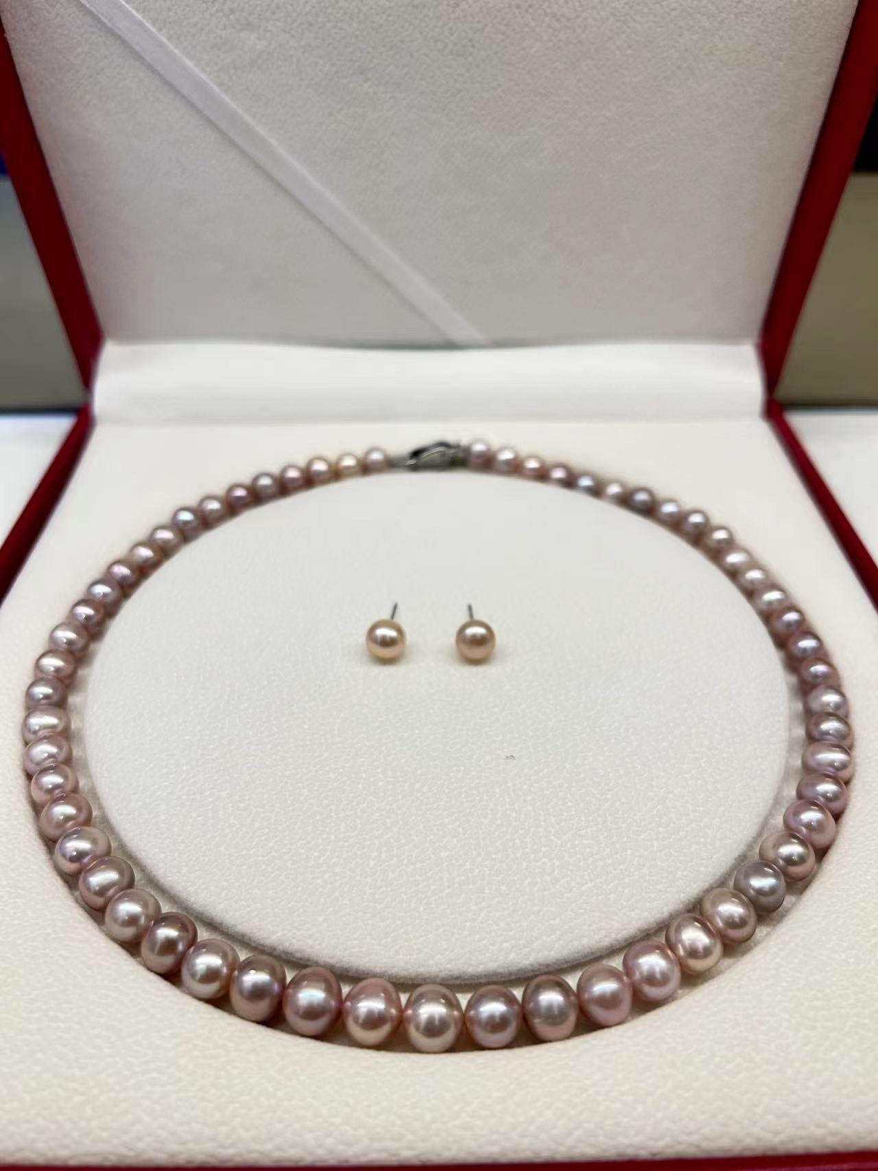 Conjunto de collar de plata maciza S925 con auténtica perla morada redonda de agua dulce
