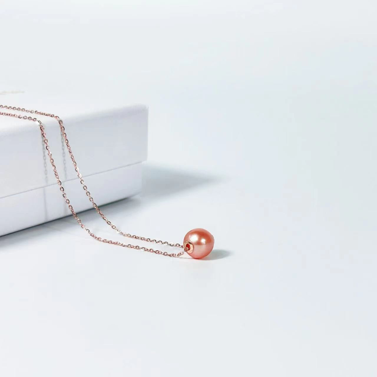 Collier en or massif 18 carats avec perles d'eau douce véritables flottantes couleur pêche bonbon