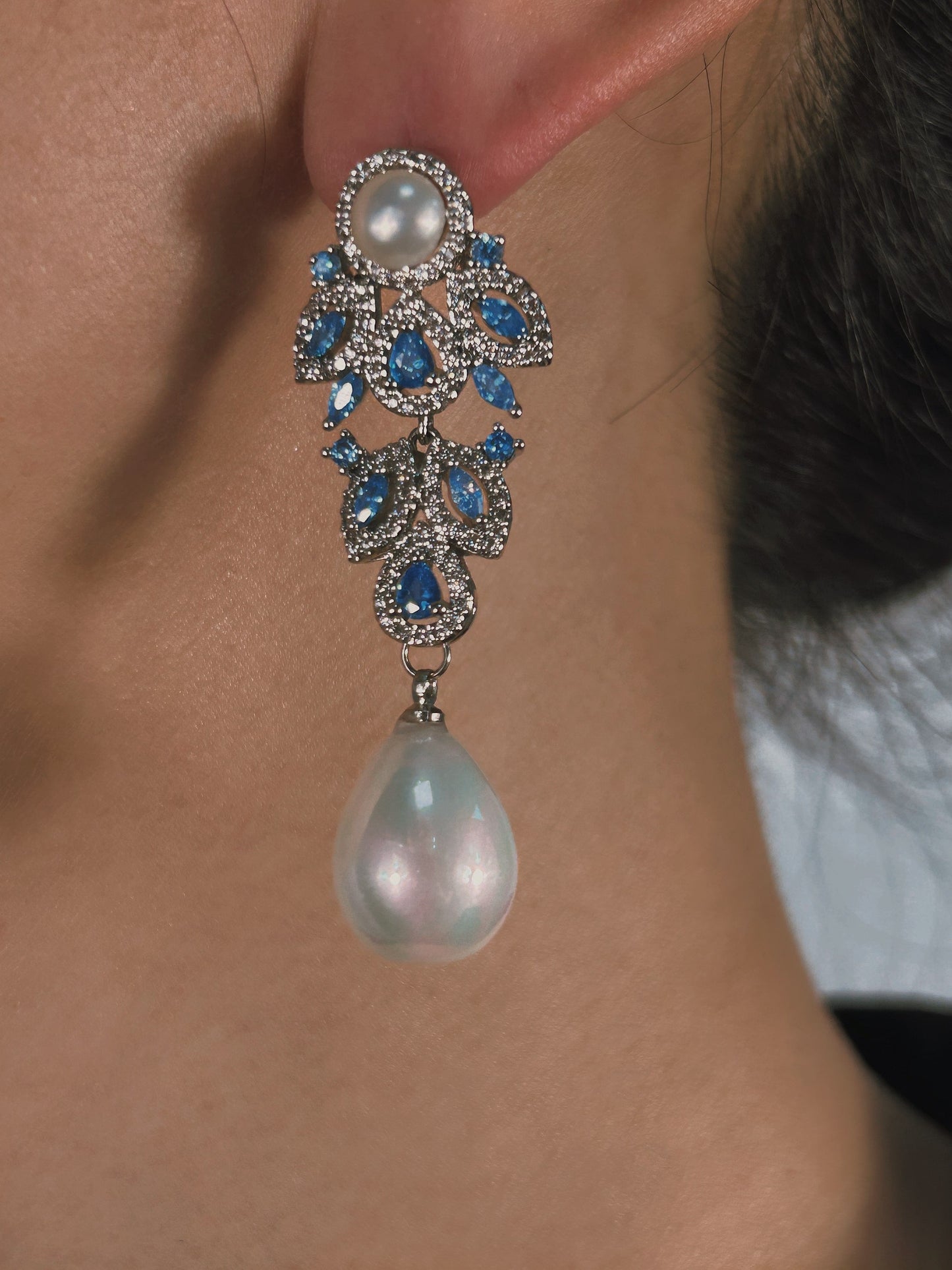 Genuine freshwater pearl blue diamond earrings - wearing view