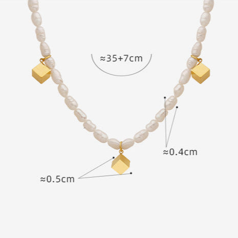 Collar de cubo mágico de acero y titanio con perla de agua dulce genuina