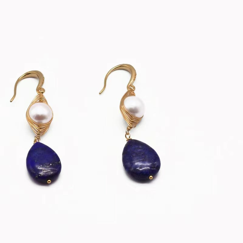 Boucles d'oreilles en perles d'eau douce baroques véritables et œil de lapis-lazuli (édition limitée)