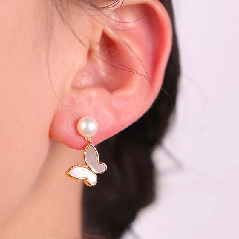 Pendientes de mariposa con perlas de agua dulce genuinas de plata maciza S925