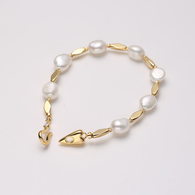 Baroque Freshwater Pearl & Rhombus Alloy Bracelet