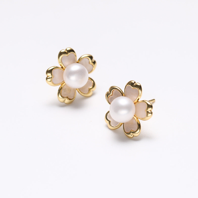 Genuine Freshwater Pearl Solid 925 Silver Sakura Earrings