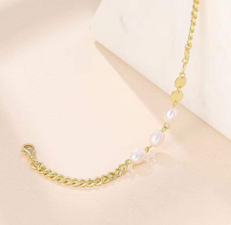 Pulsera de tres deseos de plata maciza S925 con perlas de agua dulce genuinas