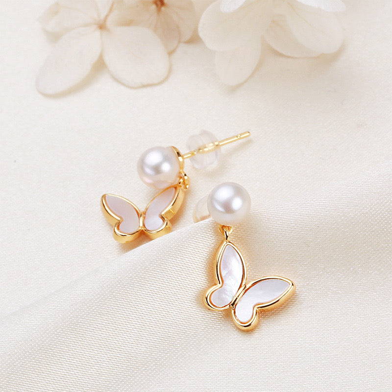 Pendientes de mariposa con perlas de agua dulce genuinas de plata maciza S925
