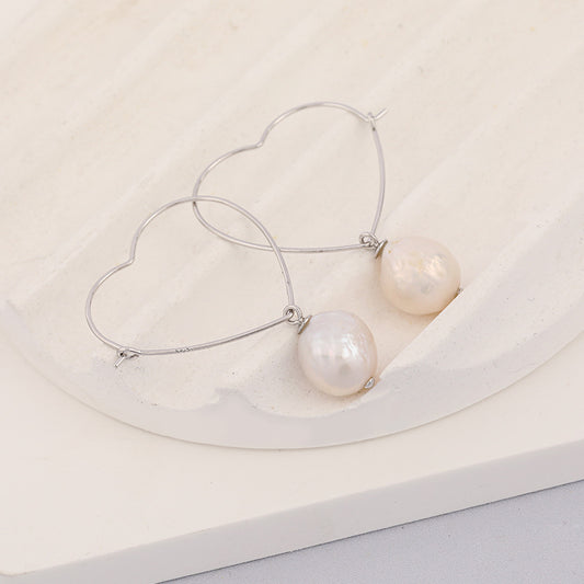 Genuine Baroque Pearl S925 Silver Heart Earrings