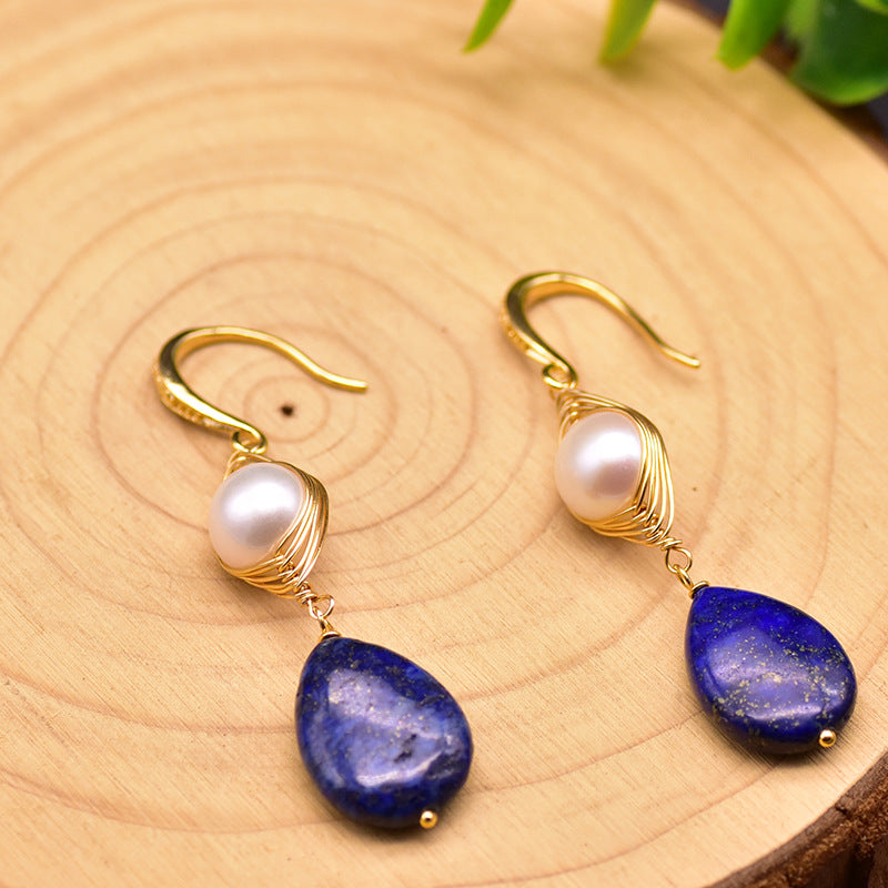 Boucles d'oreilles en perles d'eau douce baroques véritables et œil de lapis-lazuli (édition limitée)