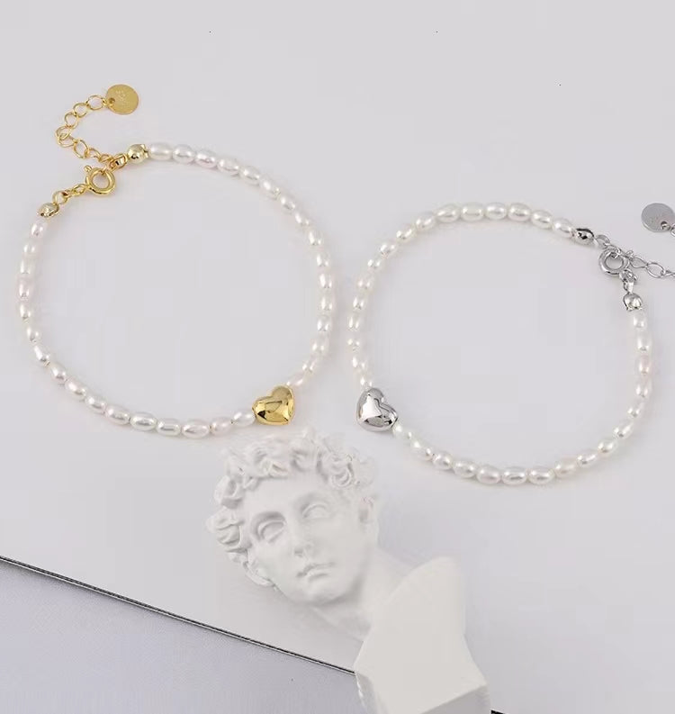Pulsera de plata maciza S925 con forma de corazón y perlas de agua dulce auténticas