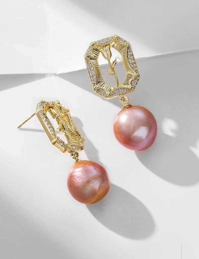 Boucles d'oreilles roses en perles d'eau douce véritables
