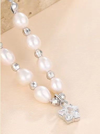 Pulsera Meteorito de Plata S925 Sólida con Perla de Agua Dulce Genuina