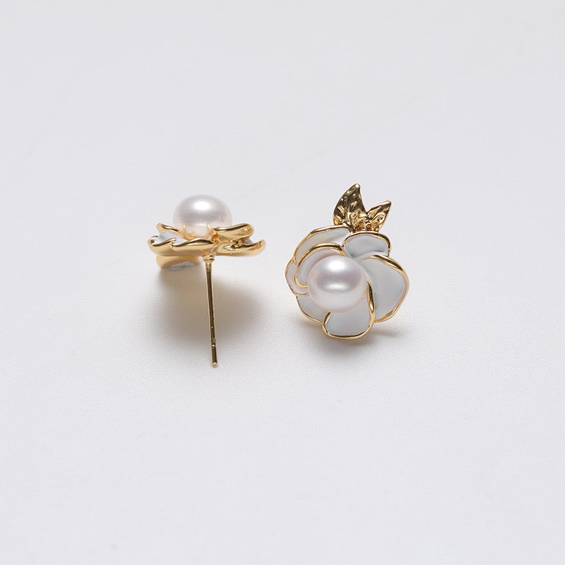 Pendientes de camelia de plata maciza S925 con auténtica perla de agua dulce