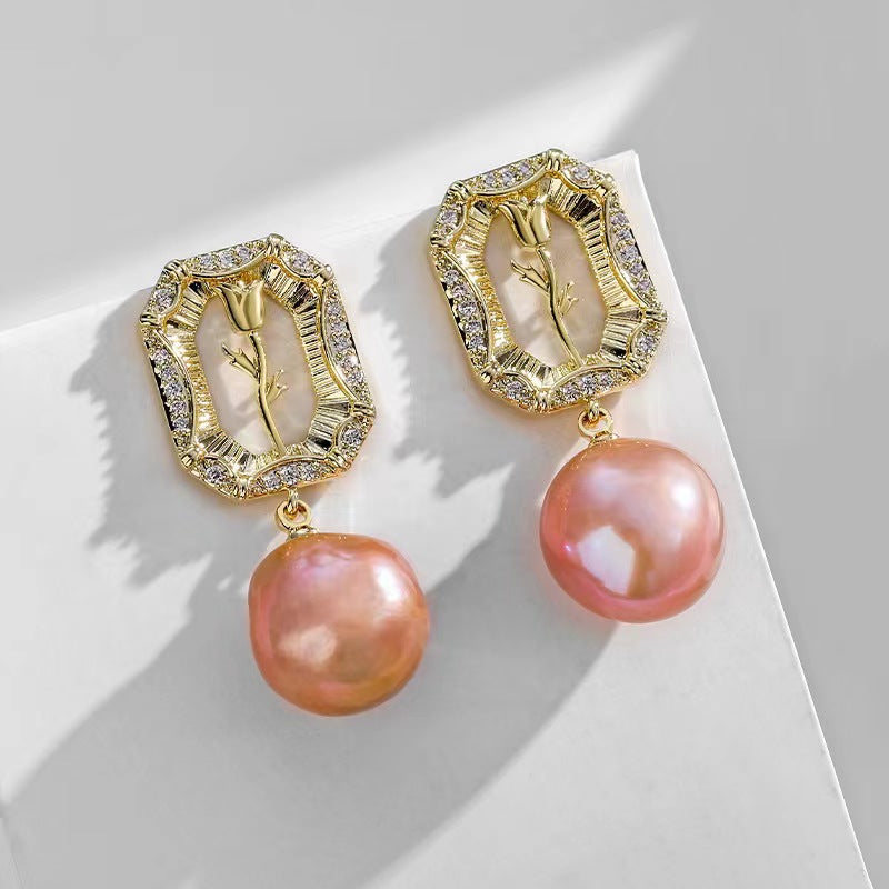 Boucles d'oreilles roses en perles d'eau douce véritables