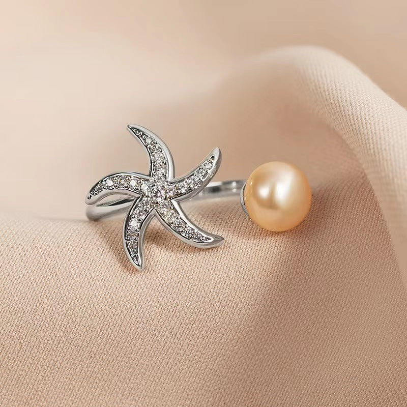 Anillo de estrella de mar con perla de agua dulce genuina