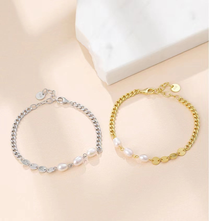 Pulsera de tres deseos de plata maciza S925 con perlas de agua dulce genuinas