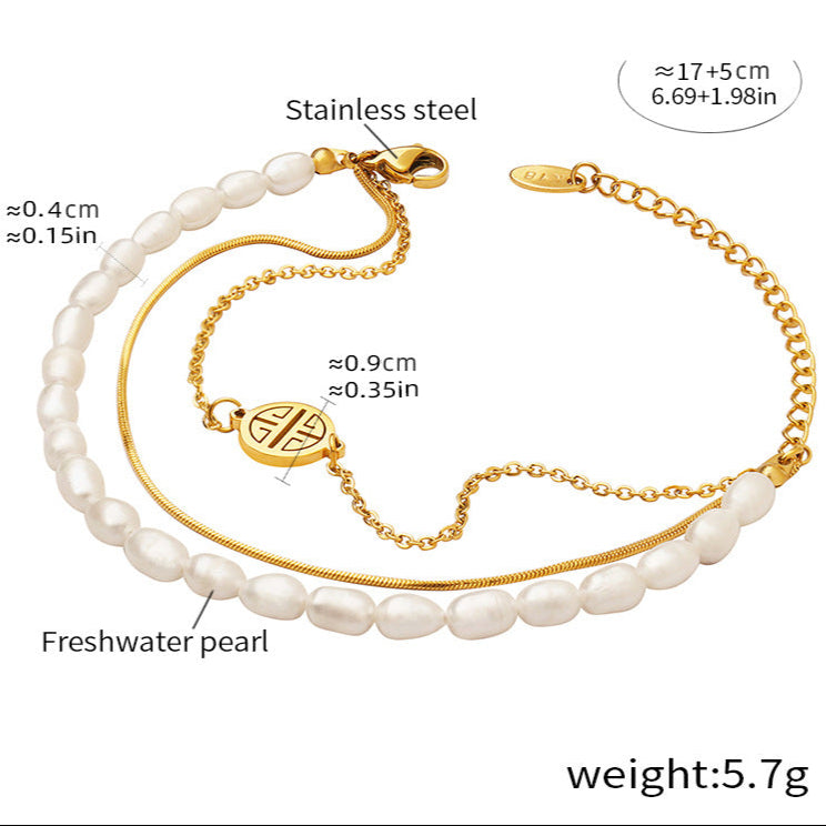 Pulsera Lucky Dew de acero y titanio con perla de agua dulce genuina