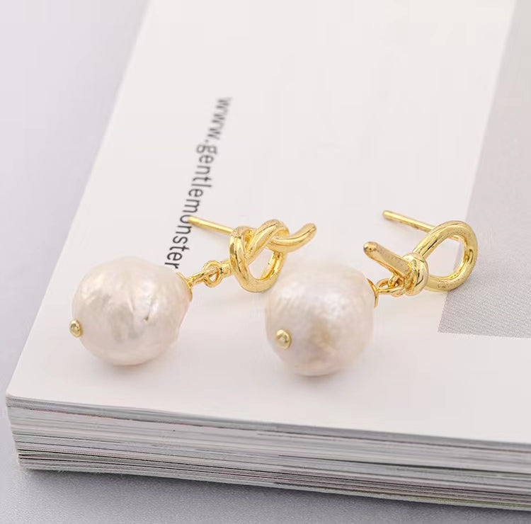 Genuine Baroque Pearl Solid S925 Silver God's Knot Earrings