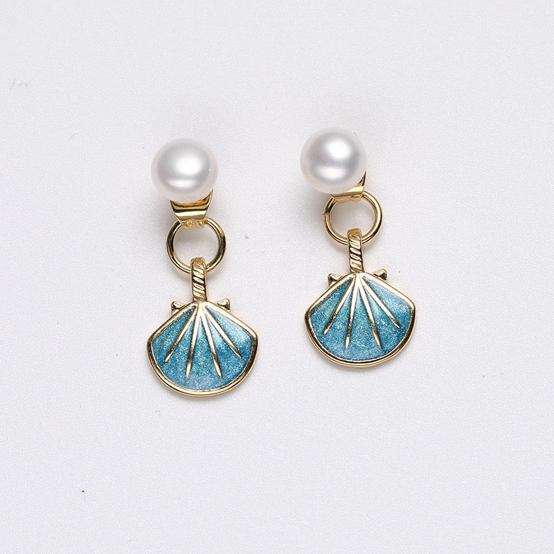 Boucles d'oreilles coquillage bleu en argent massif S925 et véritable perle d'eau douce