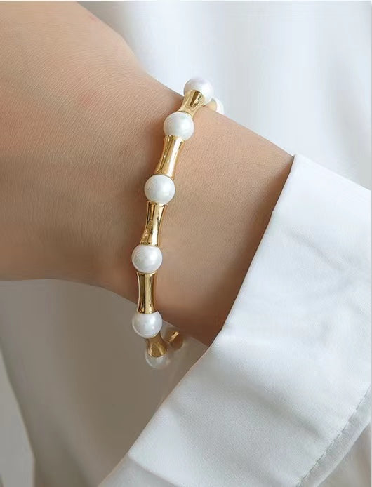Pulsera de eslabones de bambú con perlas de agua dulce auténticas