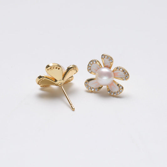 Pendientes de flor de plata maciza S925 con auténtica perla de agua dulce