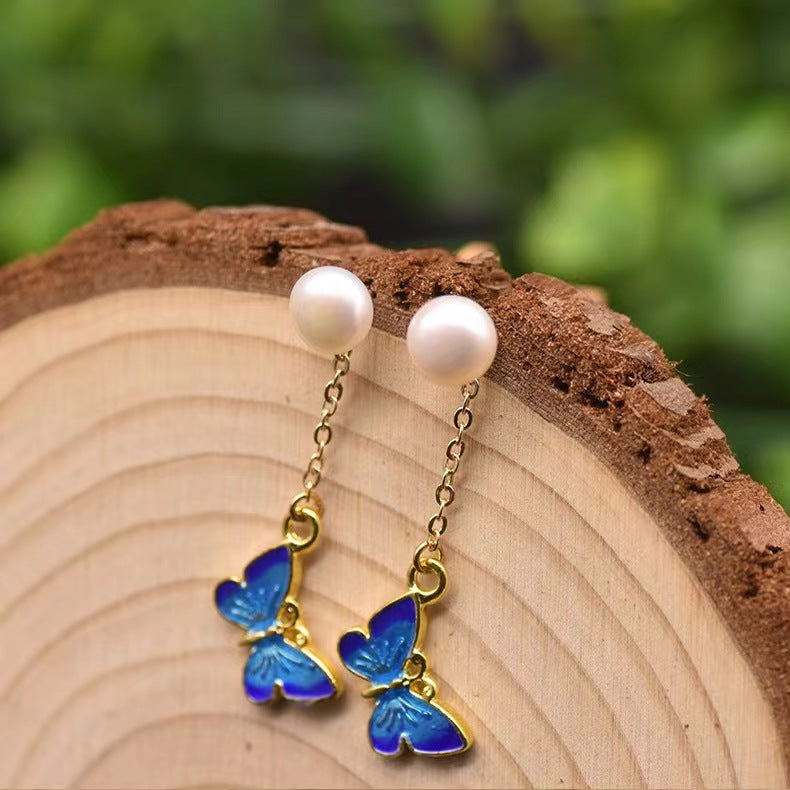 Boucles d'oreilles papillon bleues en perles baroques d'eau douce véritables (édition limitée)
