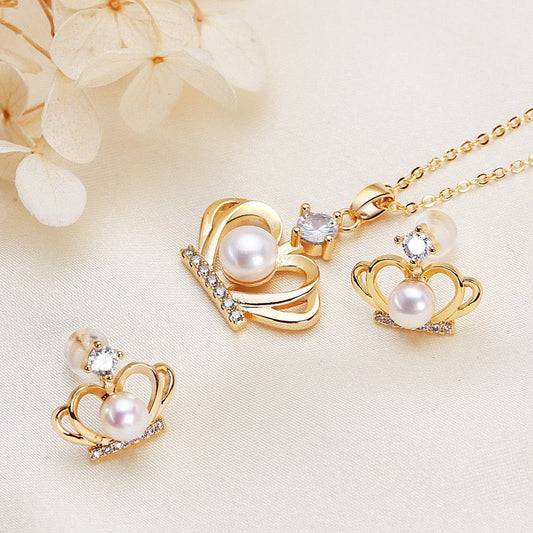 Brass Plated with 18K Gold Genuine Freshwater Pearl Crown Set - Side Angle View - Elegant Pearl Jewelry by Kikyo Pearl London