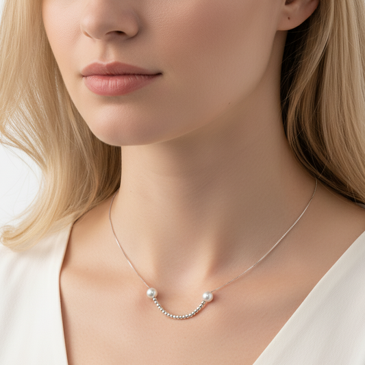 Genuine Akoya Seawater Pearl Solid 925 Silver Necklace – Smile Chain Design