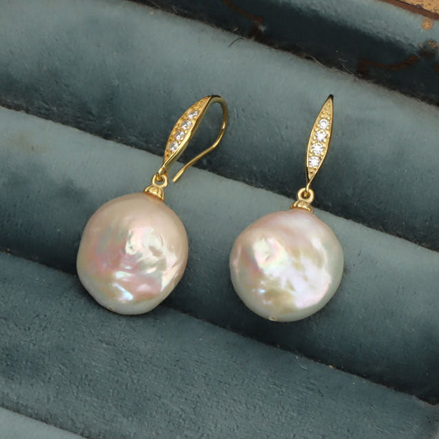 Genuine Freshwater Gold Vermeil Baroque Pearl Leaves Drop Dew Earrings