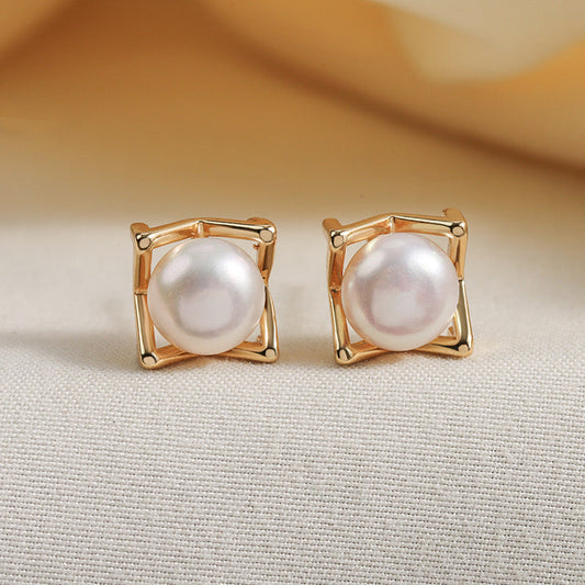 Genuine Freshwater Pearl Golden Cube Earrings - Side Angle View - Elegant Pearl Jewelry by Kikyo Pearl London