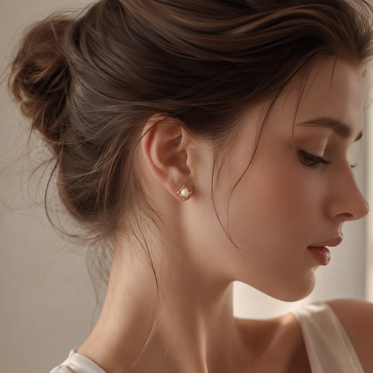 Genuine Freshwater Pearl Golden Cube Earrings - Lifestyle/Scale View - Elegant Pearl Jewelry by Kikyo Pearl London