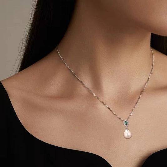 S925 Silver Genuine Freshwater Pearl Emerald Tear Necklace